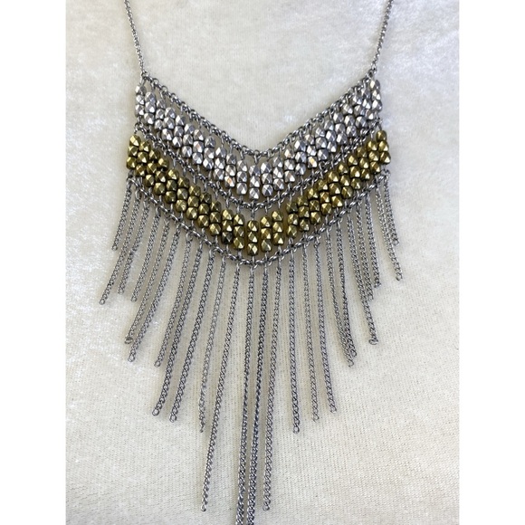 LANE BRYANT Fringe Silver & Gold Statement Bib Necklace mixed metals - Picture 4 of 5